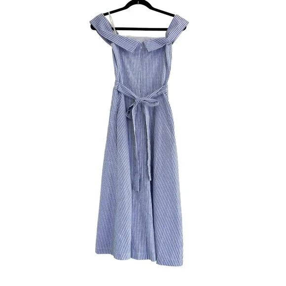 JOA Women's Striped Blue & White Poplin Off-the-Shoulder Midi Dress Size S - Picture 3 of 7